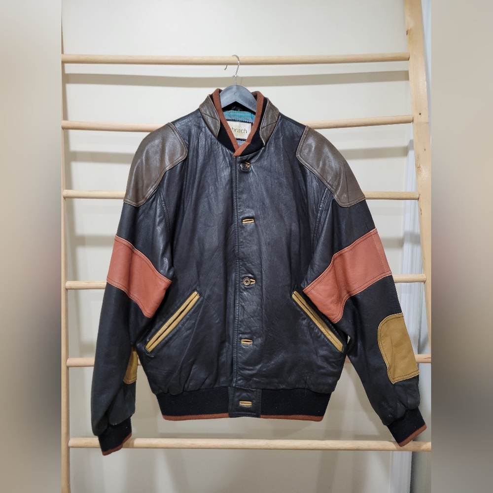 Vintage Bachrach black leather bomber jacket Size M 80s 90s black leather